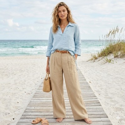Isaac Mizrahi Shirt Womens S Blue Linen Minimalist Lagenlook Beachy Coastal