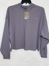 New PUMA Essentials Elevated Comfort Rib Hoodie Womens Cropped Pale Plum XL