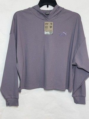 New PUMA Essentials Elevated Comfort Rib Hoodie Womens Cropped Pale Plum XL