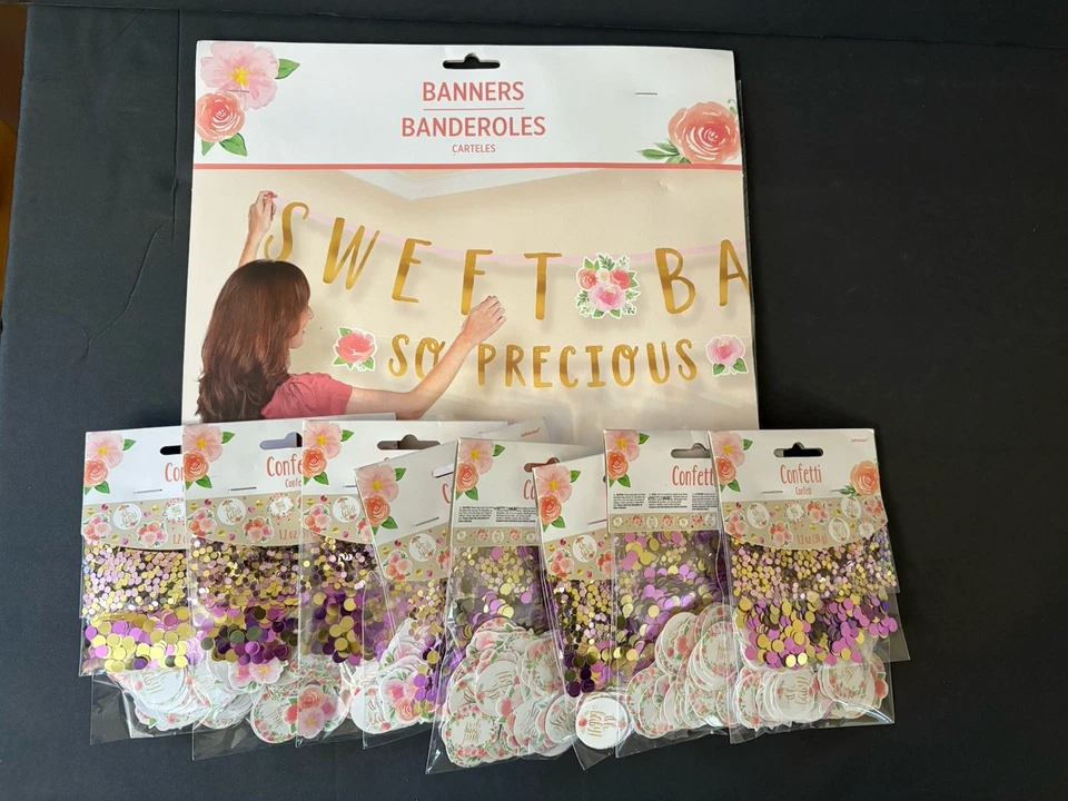 Kit de pancarta de letras jumbo para baby shower flores rosa/doradas y lote de 8 paquetes de confeti Foto 4 de 4
