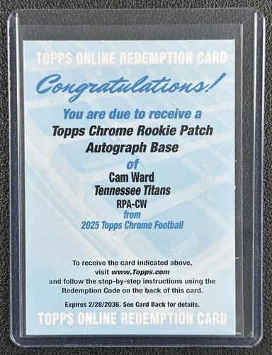 2025 Topps Chrome Cam Ward Rookie Patch Autographs (RAW)