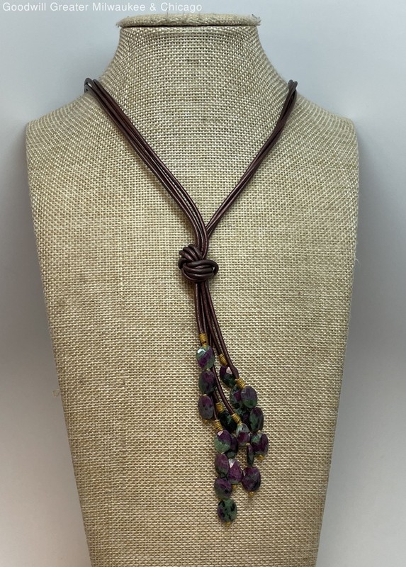925 Sterling Ruby Zoisite Beads Tassel Knot Multi Brown Cords Necklace 23.6g