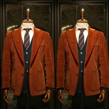 Orange Corduroy Vintage Men Suits Formal Business Tuxedo Blazer Pant Vest