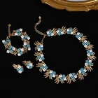Vintage Trifari Style Floral Necklace Bracelet & Earrings Jewelry Set Gold Tone