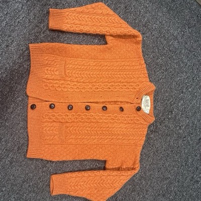 Aran Sweater Market Women's Orange Cable-Knit Wool Button Pocket Cardigan S