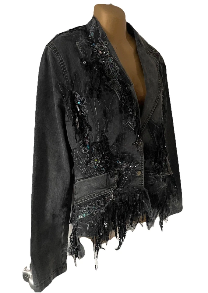 VTG Rossi Roma Women's L Blazer Denim Jacket Italy Fringe Sequence Beaded  Artsy - Image 2 of 4