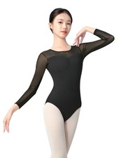 RuiBalletto Mesh Long Sleeve Dance Leotard for Women,Teens, Large, Black