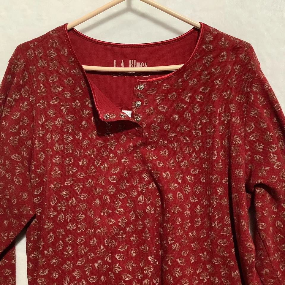 Camisa LA Blues Waffle malha térmica manga longa Henley tamanho XL estampa de folhas vintage - Imagem 3 de 4