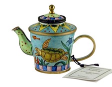 Ocean Sea Turtle Enameled Hinged Miniature Teapot
