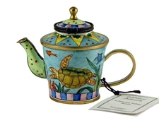 Ocean Sea Turtle Enameled Hinged Miniature Teapot
