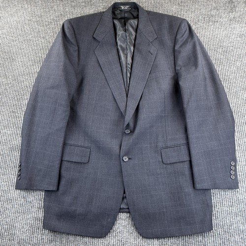 Hardy Amies, Vintage Hardy Amies Blazer Mens 46L Gray Blue 100% Wool Glen Plaid Two Button