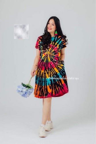 Women Short Dress Thai Handmade Tie dyed Multi Color Round Neck Short Sleeves - Picture 18 of 50
