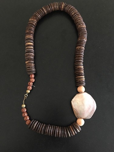 African Wood Beads Tribal Statement Necklace BOHO Shell 28" - Picture 6 of 10