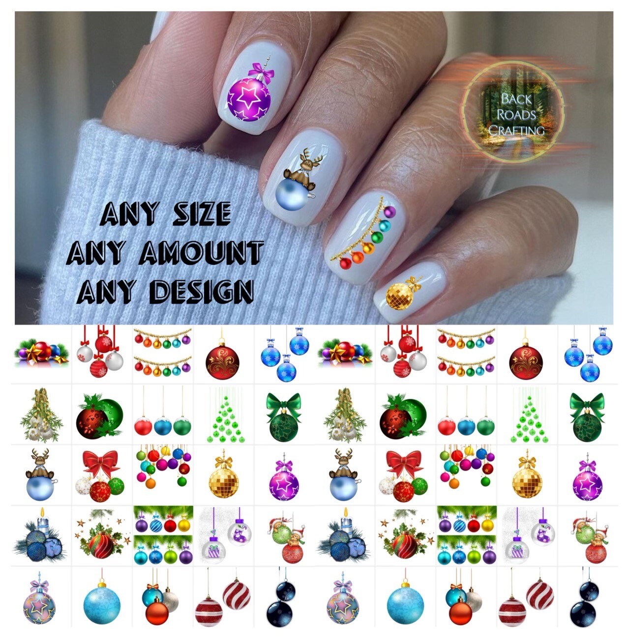 Festive Christmas Ball Ornament Nail Decals Set of 50 with Guide & Bonus