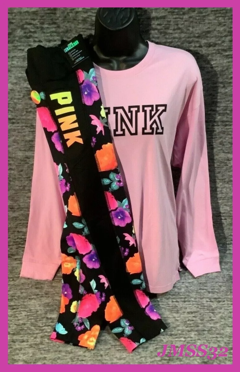 Victoria's Secret Pink Campus Tee Shirt + Ult Leggings Set Floral Ombre  Black L