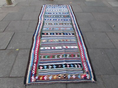Vintage traditionelle handgefertigte orientalische Wolle Baumwolle blau lang Kilim 312x118 cm 