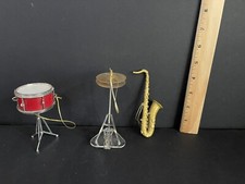 Realistic Red Snare Drum on a Stand High Hat and Saxophone Christmas Ornaments