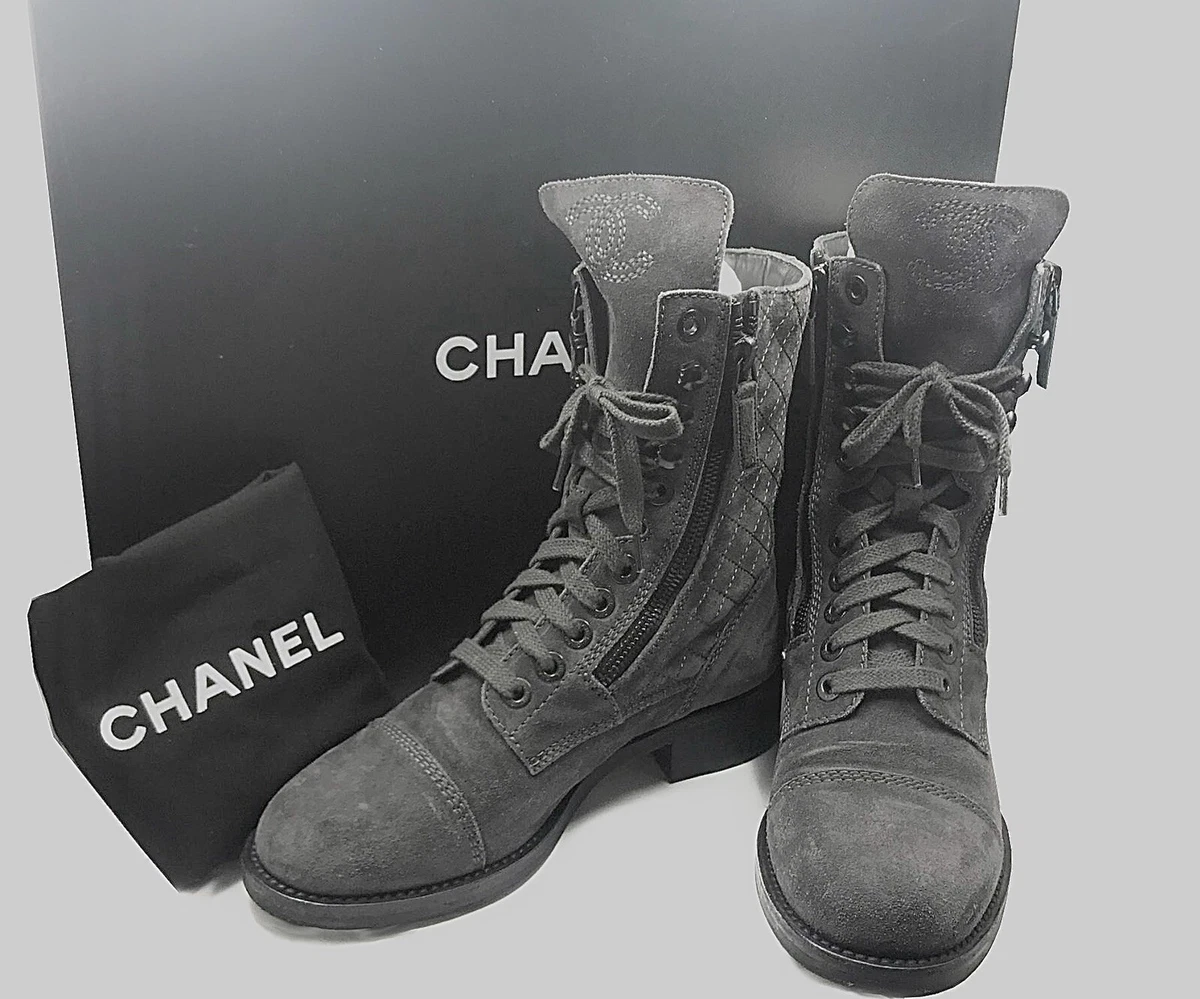 Chanel Quilted Combat Boot Grey Leather - G36424 X56232 K3088 - US