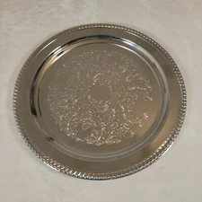 Vtg Shelton-Ware NYC Embossed Round Server Tray Silver-tone Floral Scroll 15"