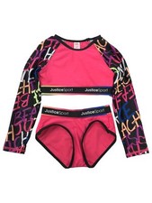 Justice Girls 2pc Swim Suit Pink Grafiti Print Rash Guard  Briefs Set