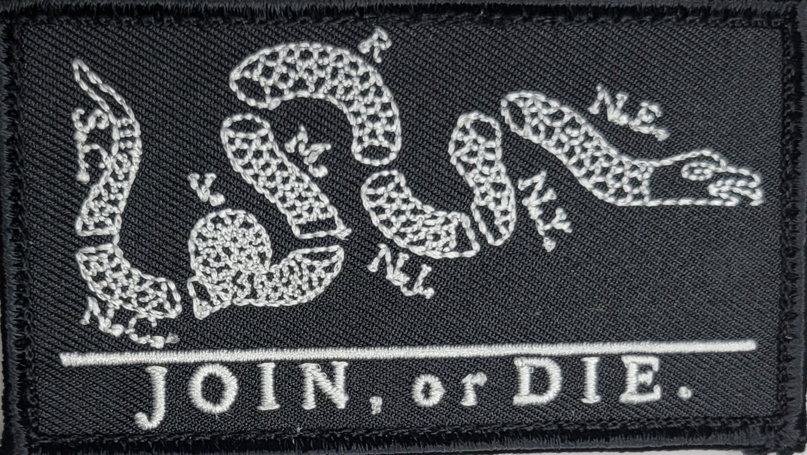 JOIN OR DIE Tactical Hook Patch - Black & White Embroidered Design
