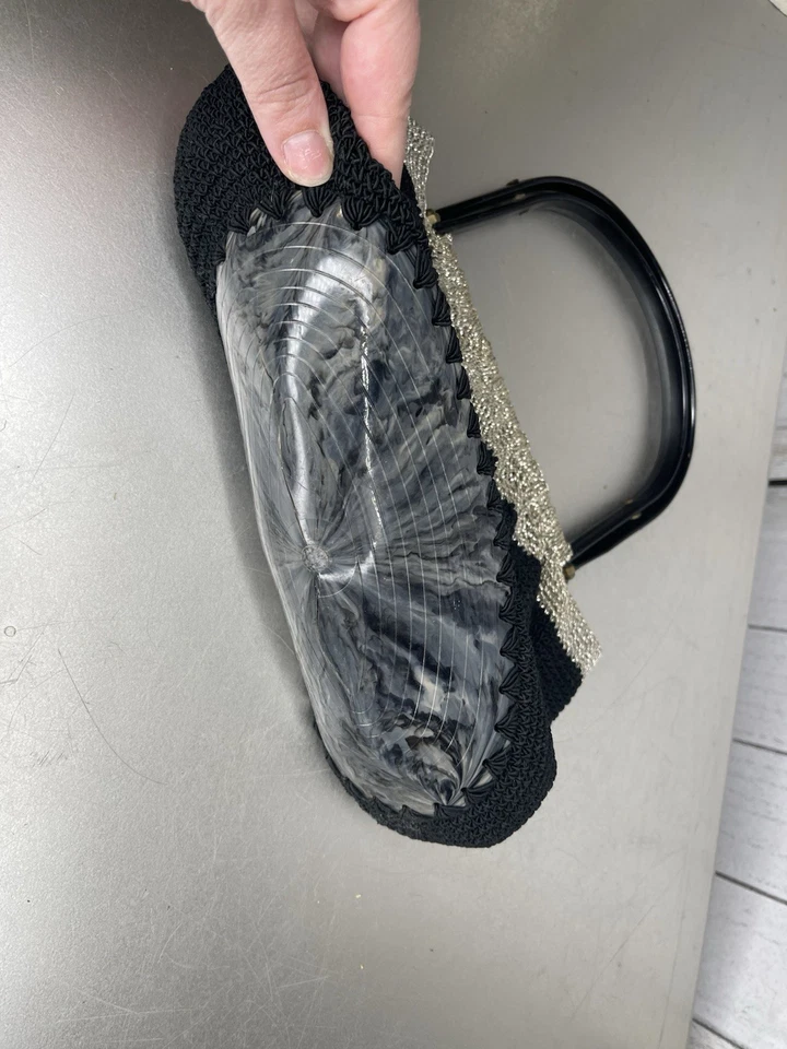 Vintage 60s Crochet Purse & Woven Metal With Silver Bead Accents Top Handle - Image 4 of 4