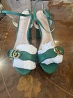 Gucci Marmont GG Gold Logo Green Leather Ankle Strap Block Heels Sandals 41 IT — photo 7