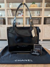 CHANEL CC Logo Enamel Patent Leather Tote Handbag Black Authentic NWT Card 