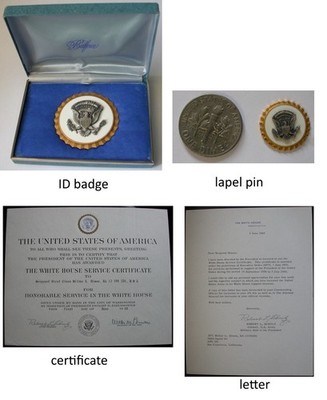 White House service badge, lapel pin, certificate, letter