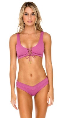 Luli Fama Orillas del Mar Lace Up Bralette Bikini Top in Raspberry