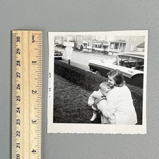 Vintage 1957 Photo 1957 Ford Fairlane 500 Car Woman Toddler Snapshot Bw Auto