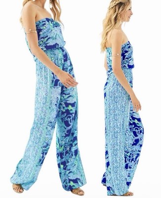 Lilly Pulitzer Pim Jumpsuit Strapless Wide Leg Sea Sirens Print Blue Sz M Beach