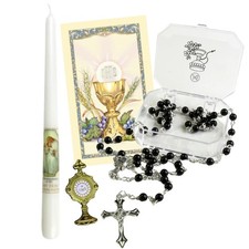 First Communion Set with Candle, Black Rosary, Lapel Pin, and Prayer Card, Ca...