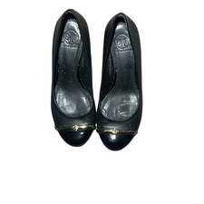 Tory Burch Black Leather Cap Toe Wedge Pumps Gold Logo Hardware Size 6.5