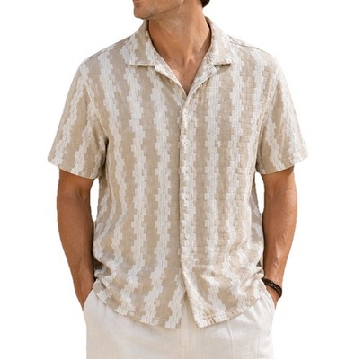 Indicode Geometric Button Up Shirt Mens XL Beige Resort Camp Retro NWOT