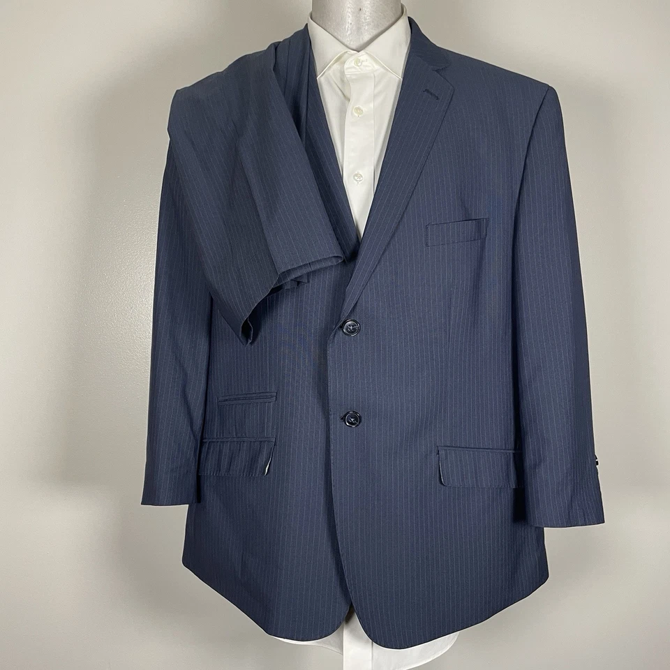 Perry Ellis 2 Piece Suit Mens 48S 42x26 Blue Striped Polyester Double Vented - Image 2 of 4