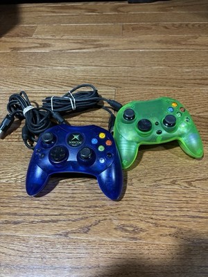 Lot of 2 Microsoft Original XBOX Controller S - Green/Blue Not Tested