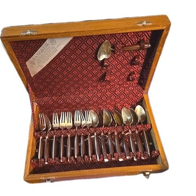 Vintage 17 Piece Brass Brown Wood Dessert Flatware Set in Wooden Case from Asia