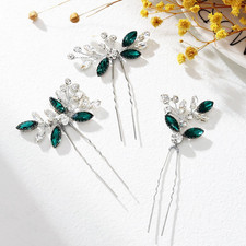 Silver Green Crystal Hair Pins Rhinestone Wedding Hair Pieces Bridal Hair Access