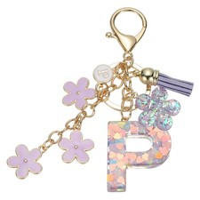 Alphabet P Tassel Cherry Blossom Initial Letter Keychain Purple, Pack of 1 