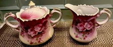 Vtg Lefton China Heavenly Rose Sugar & Creamer Set Pink Roses , Mauve, Gold Trim