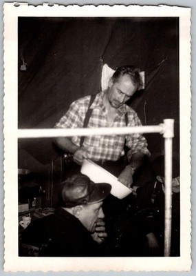 Vtg B&W Snapshot Men Working in Tent Plaid Shirt Suspenders 1950s