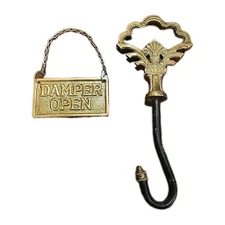 Vintage Brass Fireplace Set Damper Opener Hook  10” Long Damper Open Closed Sign