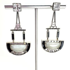 VTG Sterling Silver Square CZ Studs Removable Art Deco Style Dangle Jackets 2" L