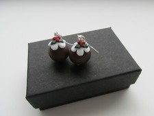 Handmade Fun Novelty Fimo Christmas Pudding & Holly Earrings ~ Boxed  11174AA
