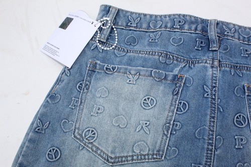 Playboy jean skirt Jr 8 med 9 blue Mini embossed Bunny peace Pacsun 99 OFFER new - Picture 5 of 11