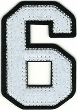White Felt Number 6 Patch Black Border Varsity Style Iron-On Sew-On (2 1/2")
