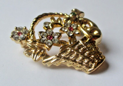 Broche Vintage Panier Ajouré Or - Cristaux, Diamants Et Rubis, Bijou Fantaisie N°790