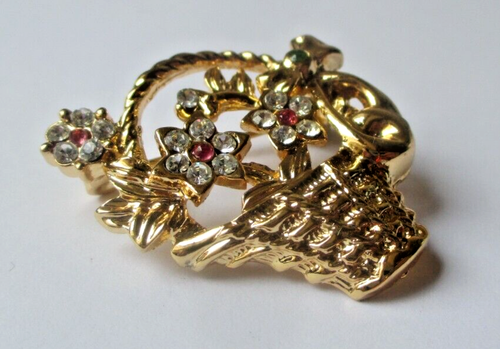 Broche Vintage Panier Ajouré Or - Cristaux, Diamants Et Rubis, Bijou Fantaisie N°790