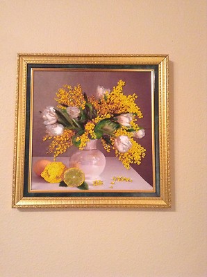 BEADED EMBROIDERY ON SILK '' MIMOSA'', HANDMADE, SIZE 13x13 inches